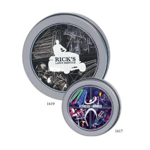 Round Tin with Assortment of Clips/Pins Promotional Custom Imprinted With Logo Round Tin with Assortment of Clips/Pins Promotional Custom Imprinted With Logo