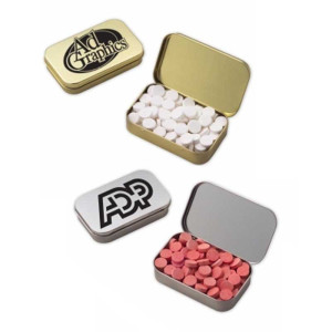 Large Hinged Tin with Powermints Promotional Custom Imprinted With Logo Large Hinged Tin with Powermints Promotional Custom Imprinted With Logo