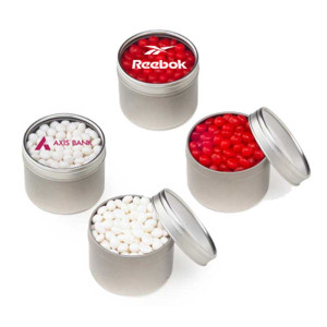 Clear Window Tins with Red Hots/White Mints - Med Promotional Custom Imprinted With Logo