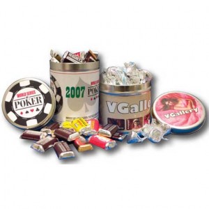 Half Quart Tin - Hershey Kisses, Hershey Miniatures or Reeses Cups Promotional Custom Imprinted With Logo