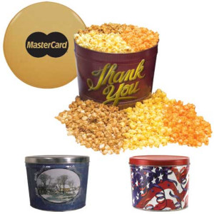 Three Way Two Gallon Popcorn Tin Promotional Custom Imprinted With Logo Three Way Two Gallon Popcorn Tin Promotional Custom Imprinted With Logo