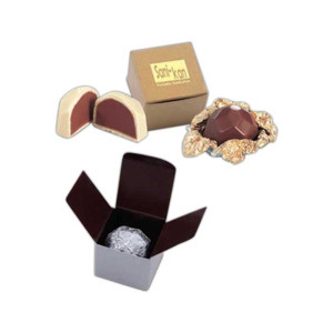 Truffle Box with 1 Belgian Chocolate Hazelnut Truffle Promotional Custom Imprinted With Logo Truffle Box with 1 Belgian Chocolate Hazelnut Truffle Promotional Custom Imprinted With Logo
