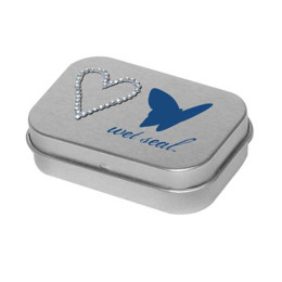 Heart Rhinestone Silver Hinge Tin Promotional Custom Imprinted With Logo