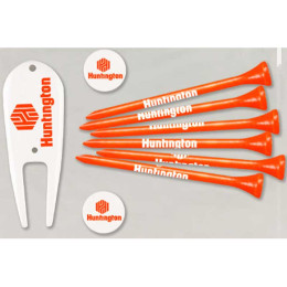 Six 3-1/4 in. Tees, 1 Divot Tool, 2 Ball Markers Promotional Custom Imprinted With Logo