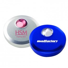 Circle Spin Tin with Powermints Promotional Custom Imprinted With Logo