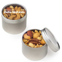 Clear Window Tins with Mixed Nuts - Med Promotional Custom Imprinted With Logo