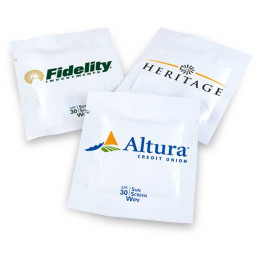 Custom Sun Screen Wipes, white wipe in white foil packet, small qty Promotional Custom Imprinted With Logo