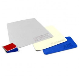 Debossed Microfiber Cloth in clear vinyl case, straight edge 4 x 7 Promotional Custom Imprinted With Logo