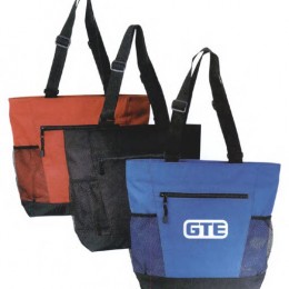 Polyester Tote with Mesh Pockets Promotional Custom Imprinted With Logo Polyester Tote with Mesh Pockets Promotional Custom Imprinted With Logo